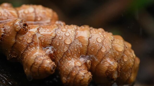 Fresh Ginger Root Close-Up with Water Droplets in Natural Light Organic Ingredient Cooking Ingredient Health and