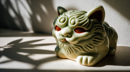 Charming ceramic cat figurine rests off beaten path, capturing light beautifully near temple like setting