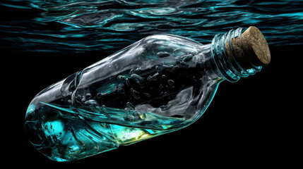 Bottle submerged in water symbolizes pollution in remote village, highlighting urgent need for environmental awareness and action