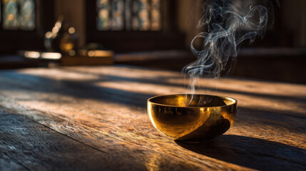 Golden bowl sits on wooden table as smoke trails gracefully in light of temple, creating serene atmosphere