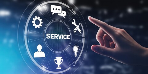 Digital customer service and technical support interface with hand pointing at futuristic virtual icons