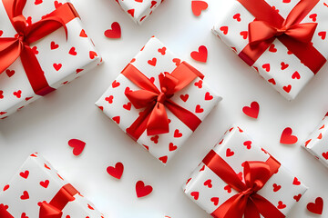 gift boxes wrapped in white paper with red heart patterns