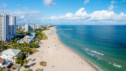 panoramic drone view of Pompano Beach, Florida with city and pier