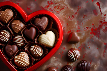 flat lay heart-shaped red box filled chocolate pralines
