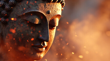 Buddha statue surrounded by smoke and glowing light creates serene atmosphere with trails of warmth and tranquility in temple