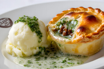 Traditional London Dish Represents Comfort Food with Mashed Potatoes and Gravy in Studio Shot