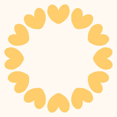 Simple circular frame made of bold yellow heart shapes arranged in a clean, modern ring. Minimal and playful design perfect for Valentines Day, love themed graphics, cards, stickers, and invitations