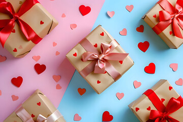 gift boxes with red hearts on colorful pastel background