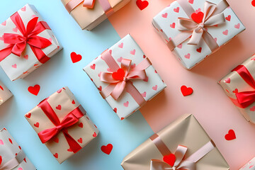 gift boxes with red hearts on colorful pastel background