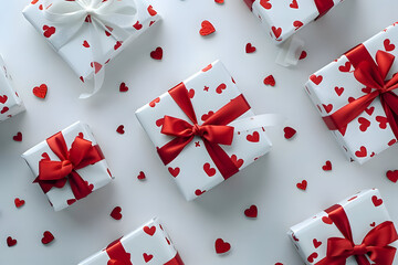 gift boxes wrapped in white paper with red heart patterns