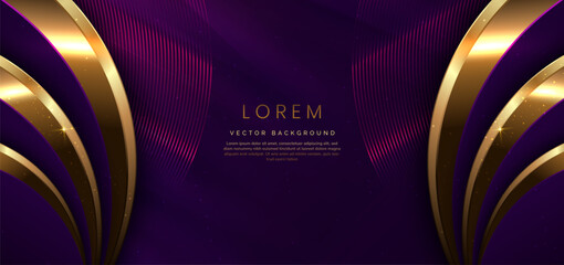 Abstract 3d luxury golden curve lines elegant and lighting effect on dark purple background.