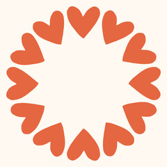Simple circular frame made of bold red heart shapes arranged in a clean, modern ring. Minimal and playful design perfect for Valentines Day, love themed graphics, cards, stickers, and invitations