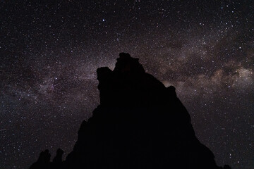 star trails in the sky in front of mountain