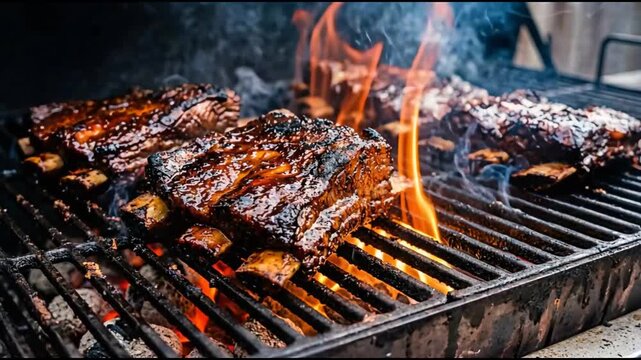 Grilled Ribs on Grill with Flames and Smoke in Outdoor Setting Close Up