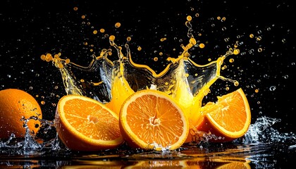 orange juice splash frozen in mid-air, water droplets, 