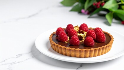 chocolate tart with fresh raspberries and gold leaf, 