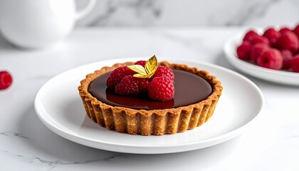 chocolate tart with fresh raspberries and gold leaf, 