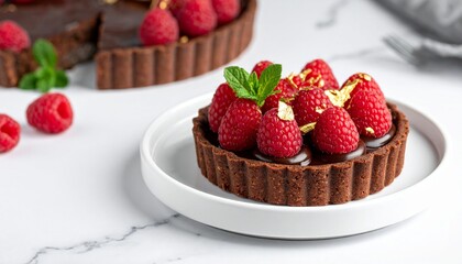 chocolate tart with fresh raspberries and gold leaf, 