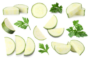 Zucchini slices and parsley isolated on white, set