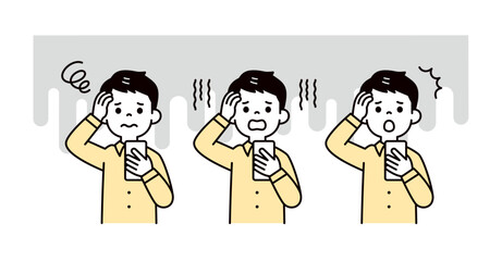 スマートフォンの画面を見て、困る・悩む・驚く若い男性のシンプルな上半身ベクターイラスト素材