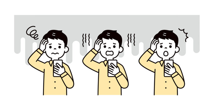 スマートフォンの画面を見て、困る・悩む・驚く若い男性のシンプルな上半身ベクターイラスト素材