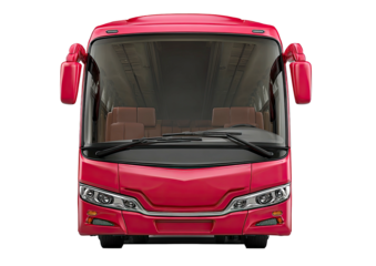 Head-on view of a red bus, featuring windshield wipers, lights, & interior seats