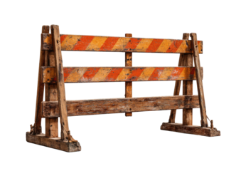 Rustic wooden barrier with orange-striped planks against a black background