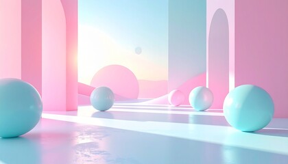 geometric shapes floating in white minimalist space, soft shadows, 