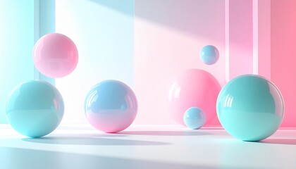 geometric shapes floating in white minimalist space, soft shadows, 