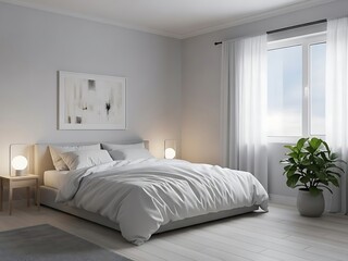 Serene Bedroom Interior with Minimalist Design and Natural Light Ambiance