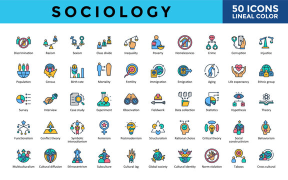 Sociology icons set with discrimination, racism,  population, census, symbolic interactionism, and norm violation icon. Simple flat outline vector 
