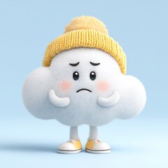 Sad Fluffy Cloud Cartoon Character in Yellow Knit Hat and Sneakers