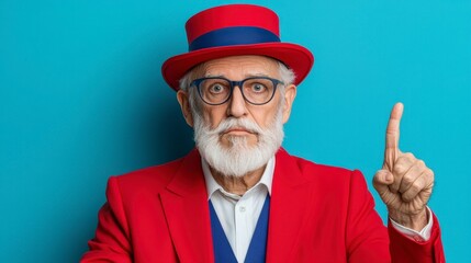 Senior Man With a White Beard in a Red Suit and Top Hat Pointing Up Isolated on Blue