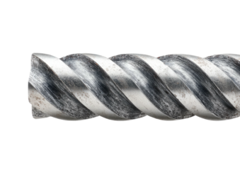 Close-up of a gray, metal spiral drill bit on a solid black background