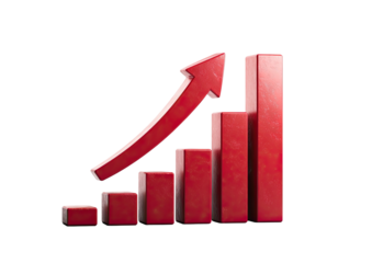 Red 3D bar graph showing upward growth with large directional arrow