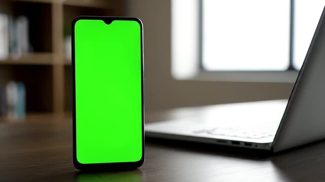 Smartphone with Green Screen Display Next to Laptop on Desk in Home Office Setting.