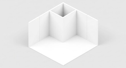 A minimalist 3D rendering of a white corner structure with a central column, viewed from above.