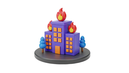 3D Cartoon Building on Fire with Trees