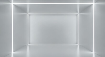 A minimalist white abstract architectural space with glowing light lines creating a futuristic tunnel effect and a sense of depth.