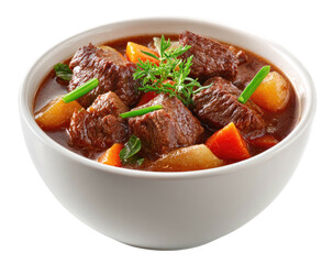 Hearty bowl of beef stew with carrots and potatoes in a glossy brown sauce