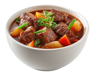 Hearty bowl of beef stew with carrots and potatoes in a glossy brown sauce