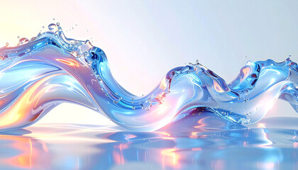 光をまとって流れる透明な水の抽象表現。クリーンで幻想的な背景。Abstract Flowing Water with Light Reflections Clean and Dreamy Background.