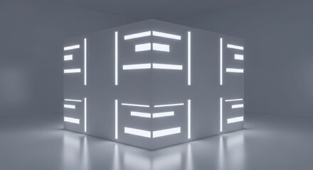 A minimalist white cube with glowing rectangular lights in a futuristic, sterile room, creating a modern abstract design.