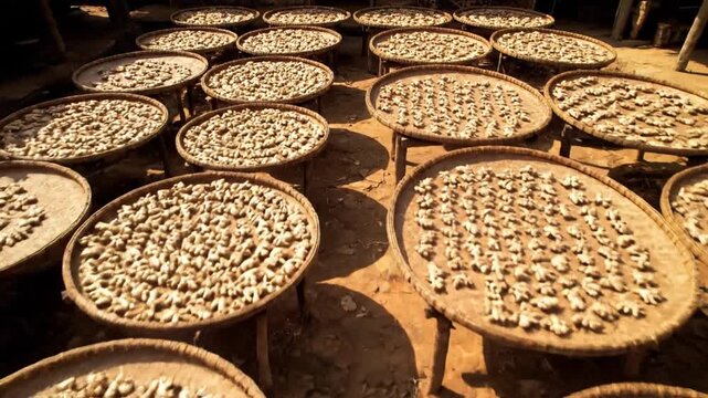 Rustic Ginger Drying in Wicker Trays Under Sunlit Open Air Structure Preparation for Export Traditional Asian Spice