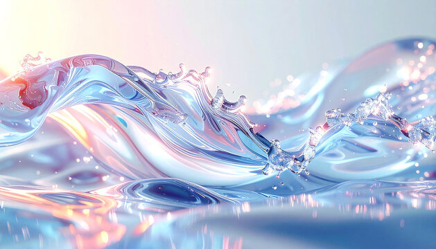 光をまとって流れる透明な水の抽象表現。クリーンで幻想的な背景。Abstract Flowing Water with Light Reflections Clean and Dreamy Background.