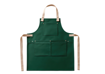 Hunter-green apron with tan straps and pockets, flat on a black backdrop