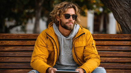 Stylish digital nomad enjoys budget friendly moment outdoors while using tablet, showcasing relaxed and thoughtful expression