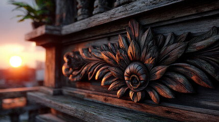 Beautifully carved wooden temple detail off beaten path captures warm glow of sunset, showcasing intricate craftsmanship and natural beauty