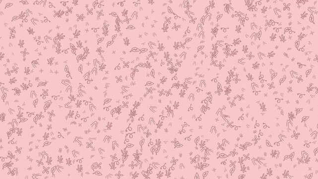 Scattered floral and foliage designs on light pink. Suitable for feminine design projects like greeting cards, stationery, and social media