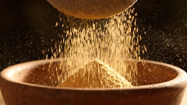 Sifting Golden Powder into Wooden Bowl for Culinary Preparation Against Dark Backdrop with Warm Lighting and Minimalist
